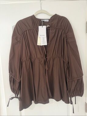 100% Pure Brown Peasant Blouse with Tie Front s/m